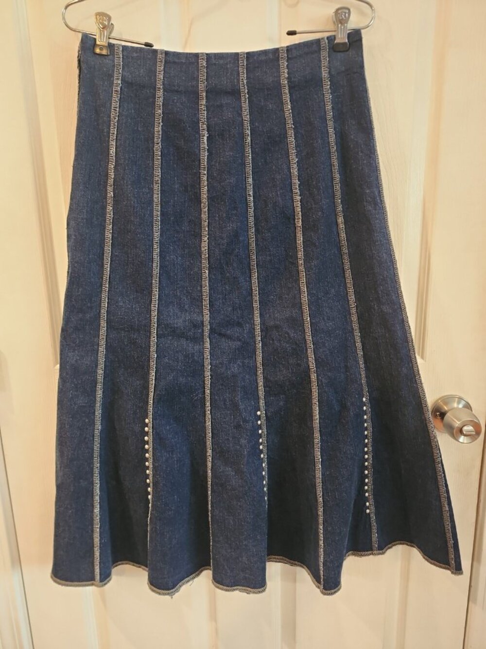 Reba~Denim Studded~Midi Maxi Skirt~Size 10~Flared A-Line~Western~Boho